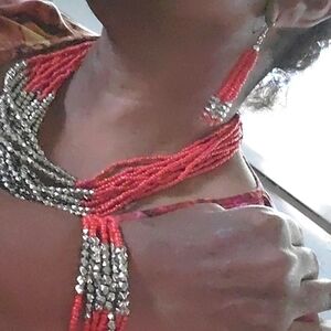 10 Strand Red & Silver Beads Necklace, Stretch bracelet, and Earr…